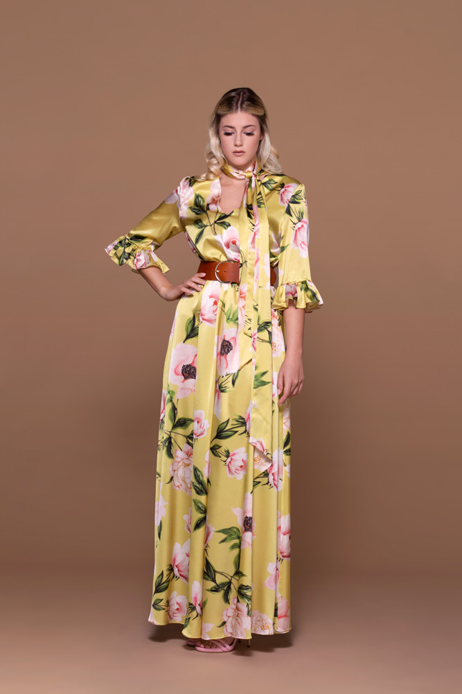 Satin Dress with Floral Fantasy