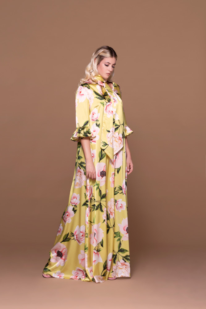 Satin Dress with Floral Fantasy